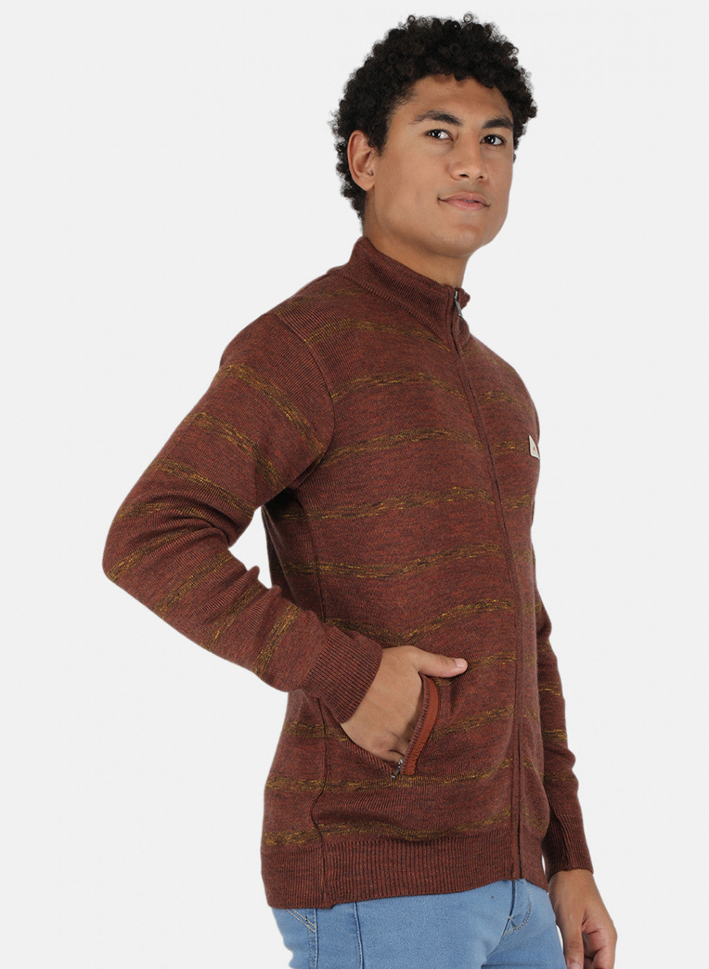 Men Brown Self Design Pullover