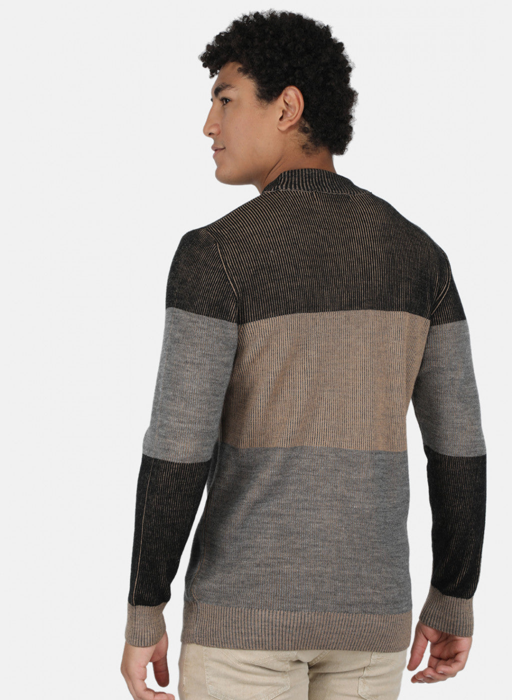 Men Beige & Grey Self Design Pullover