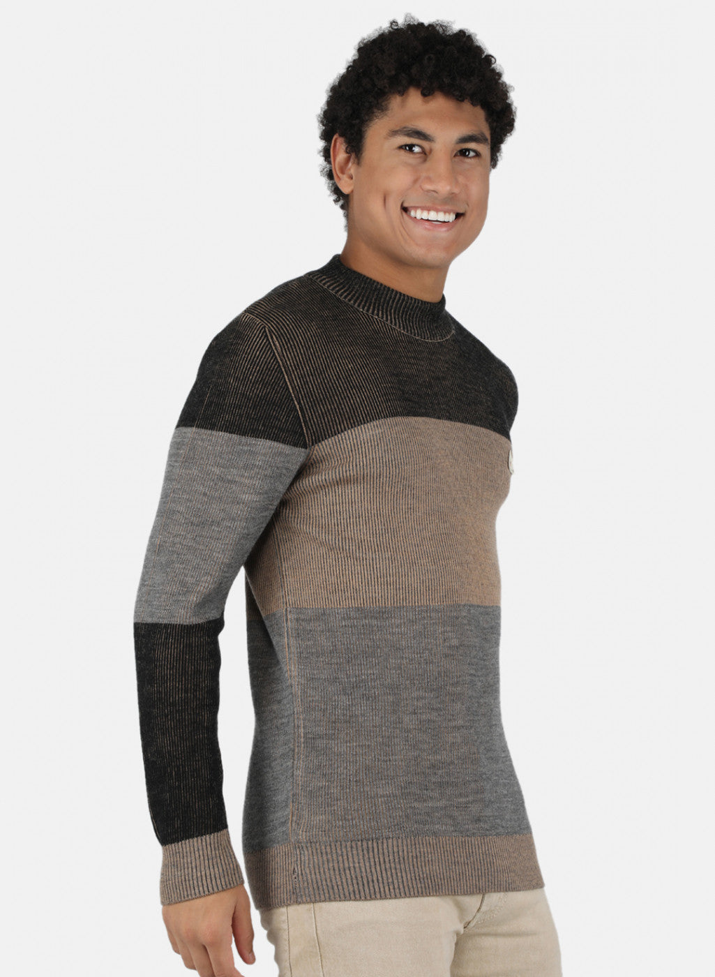 Men Beige & Grey Self Design Pullover