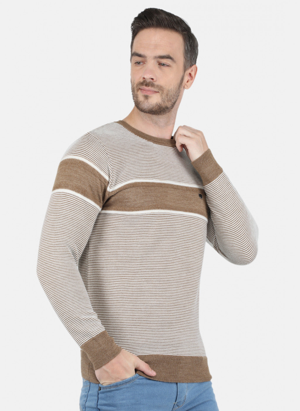 Men Light Brown Self Design Pullover