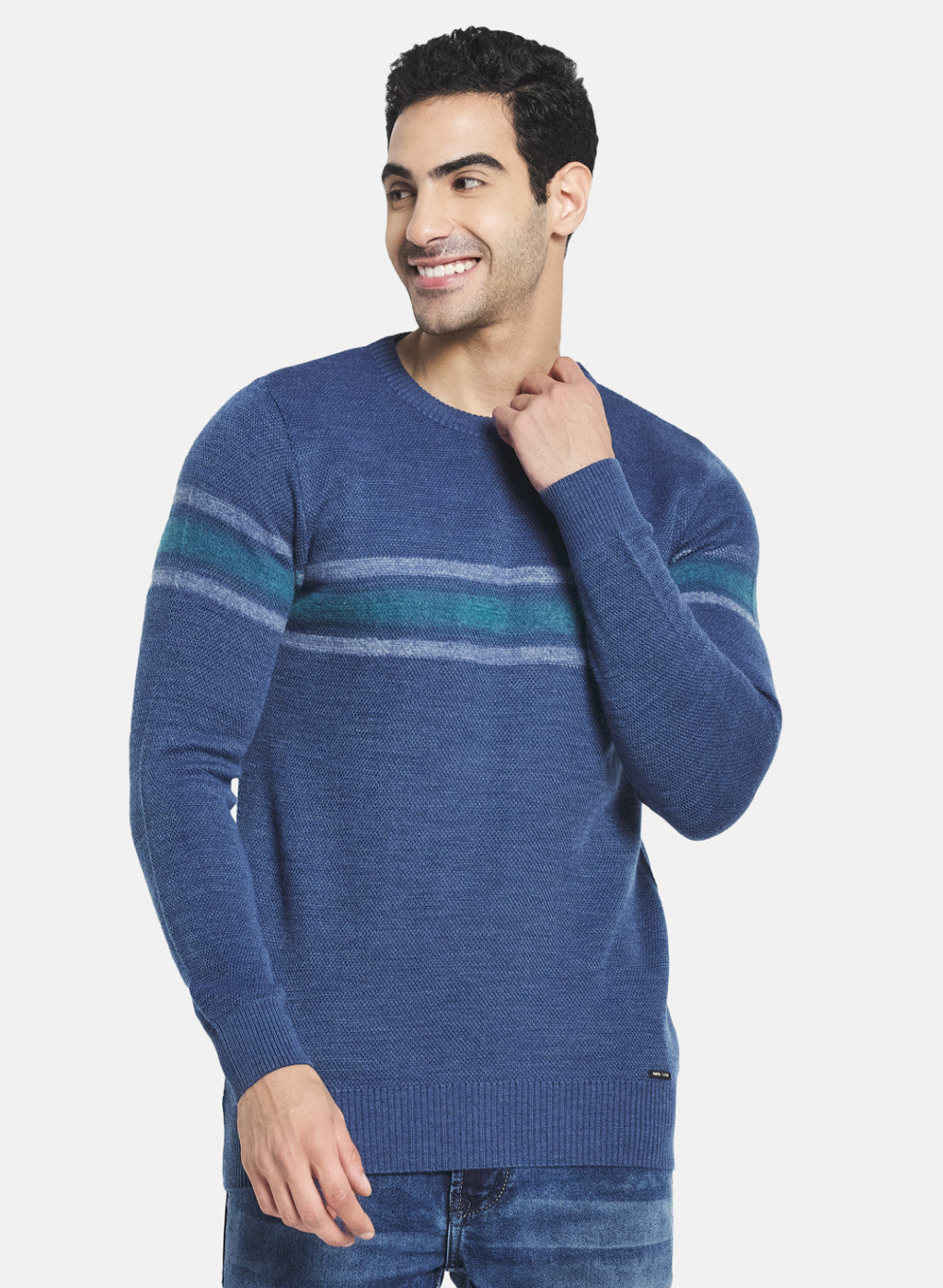 Men Blue Self Design Pullover