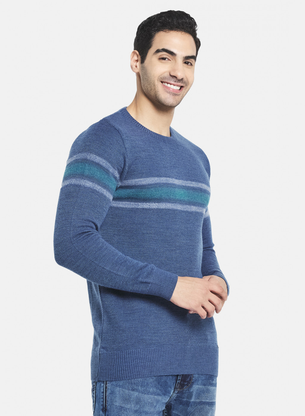 Men Blue Self Design Pullover