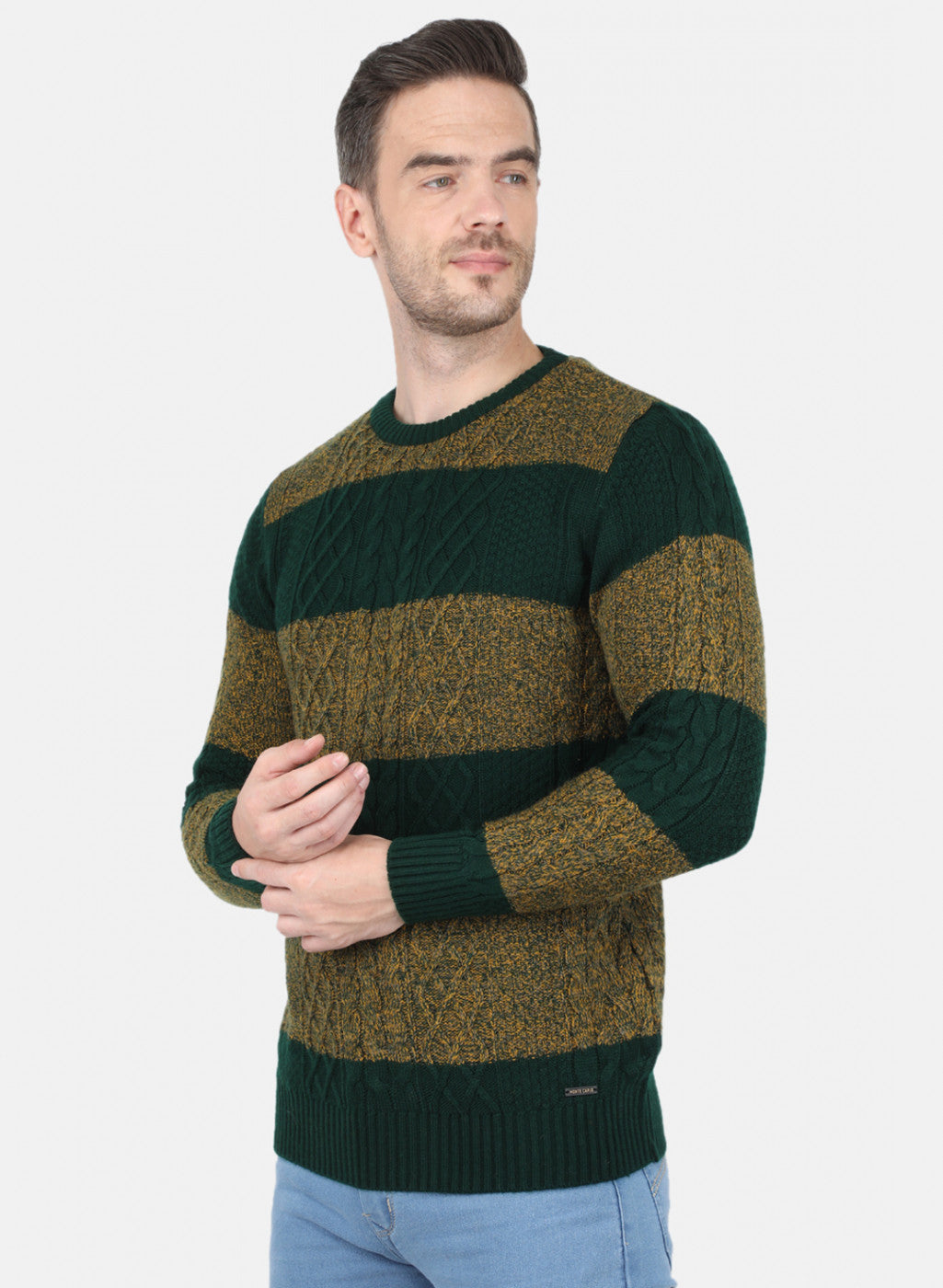 Men Green Self Design Pullover