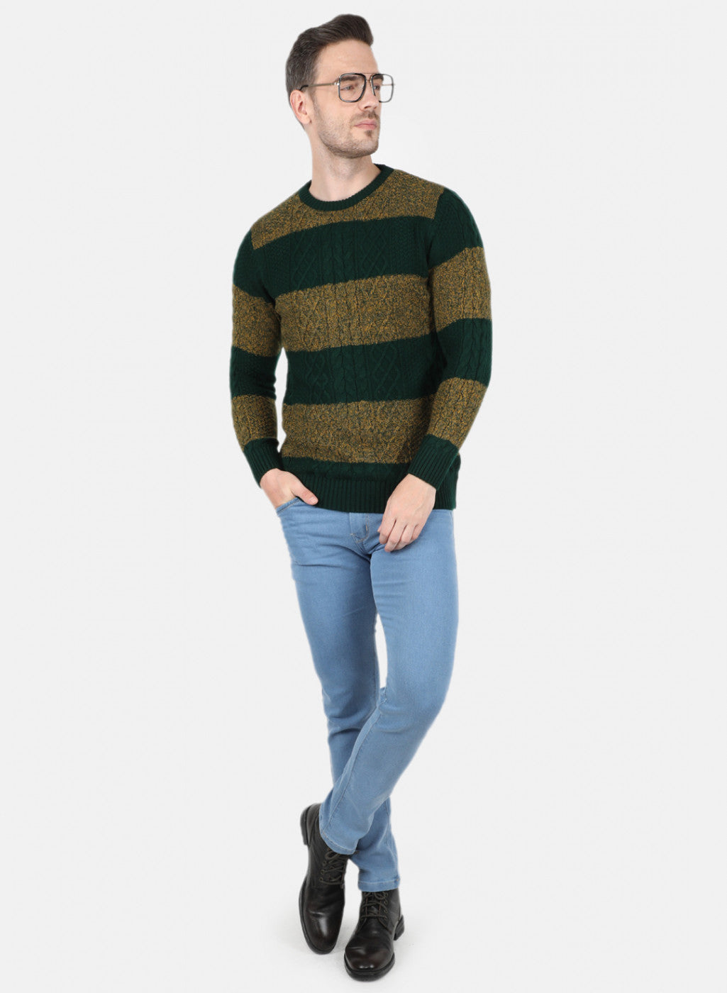 Men Green Self Design Pullover