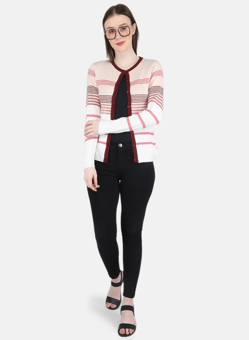 Women White Stripe Cardigan