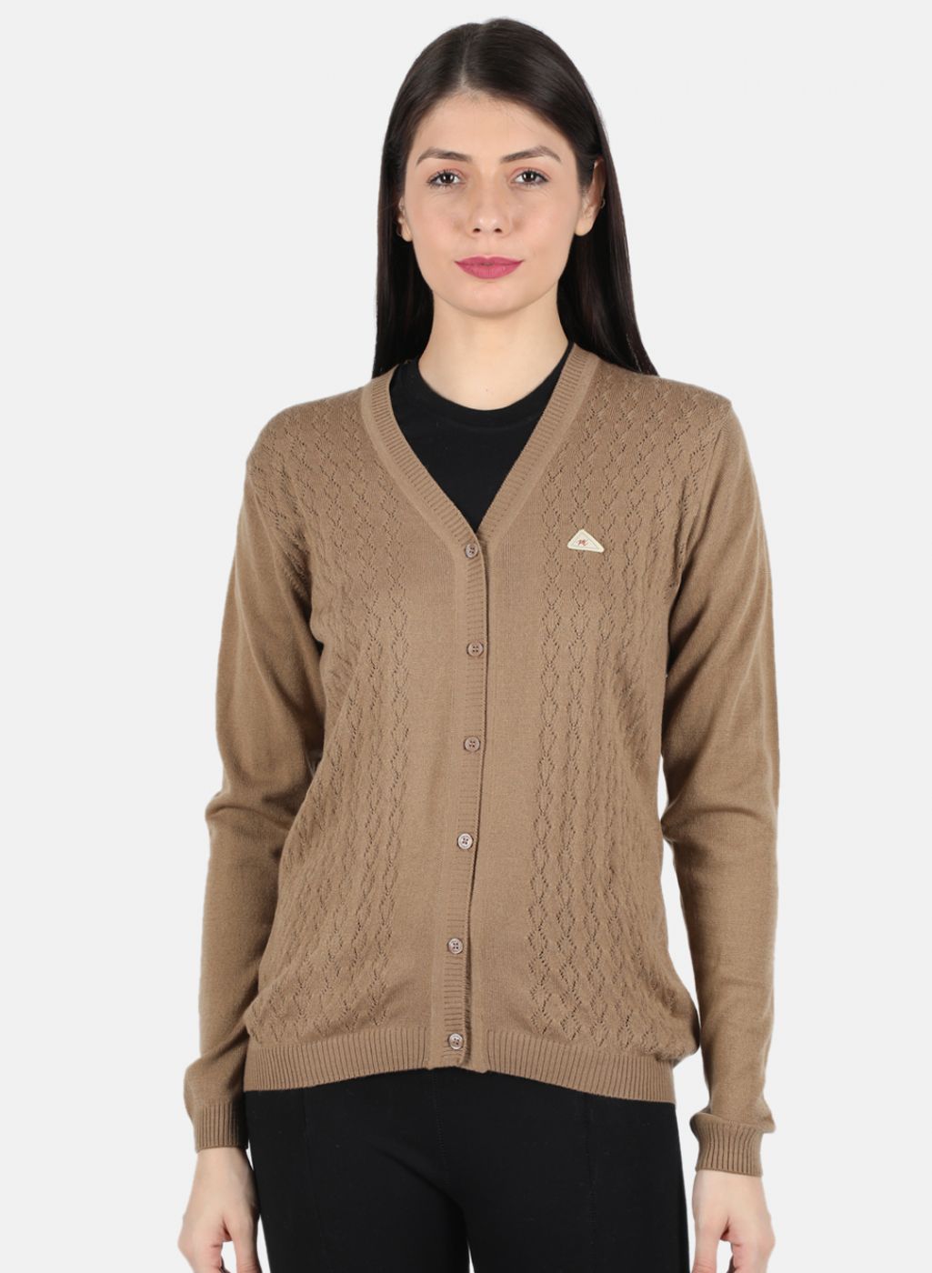 Women Brown Self Design Cardigan