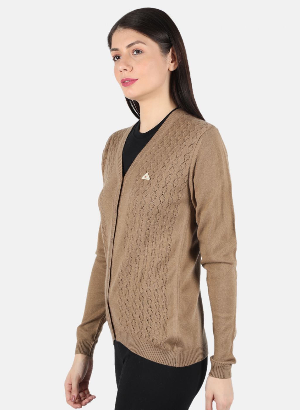 Women Brown Self Design Cardigan