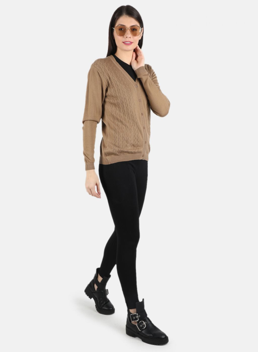 Women Brown Self Design Cardigan