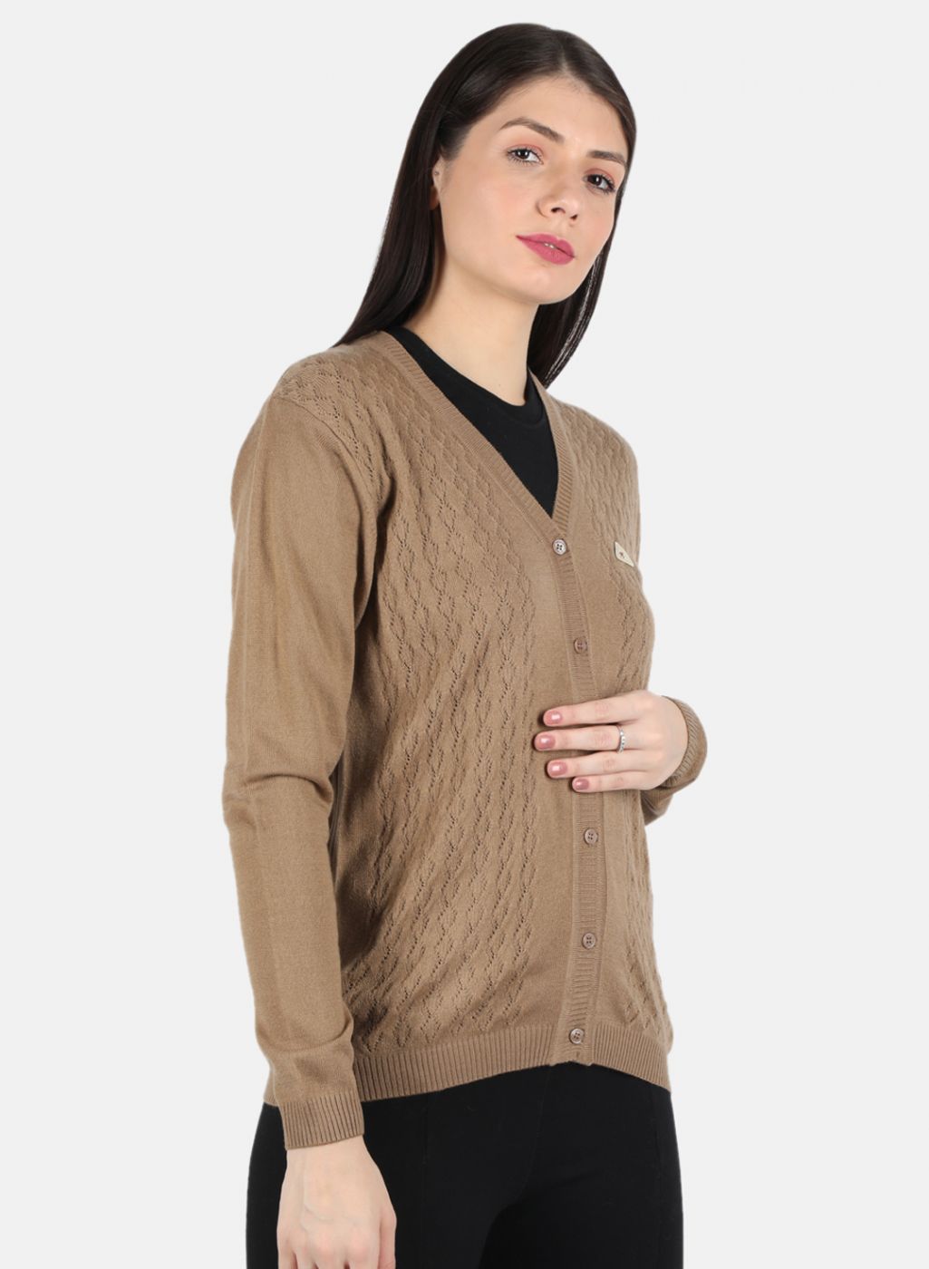 Women Brown Self Design Cardigan