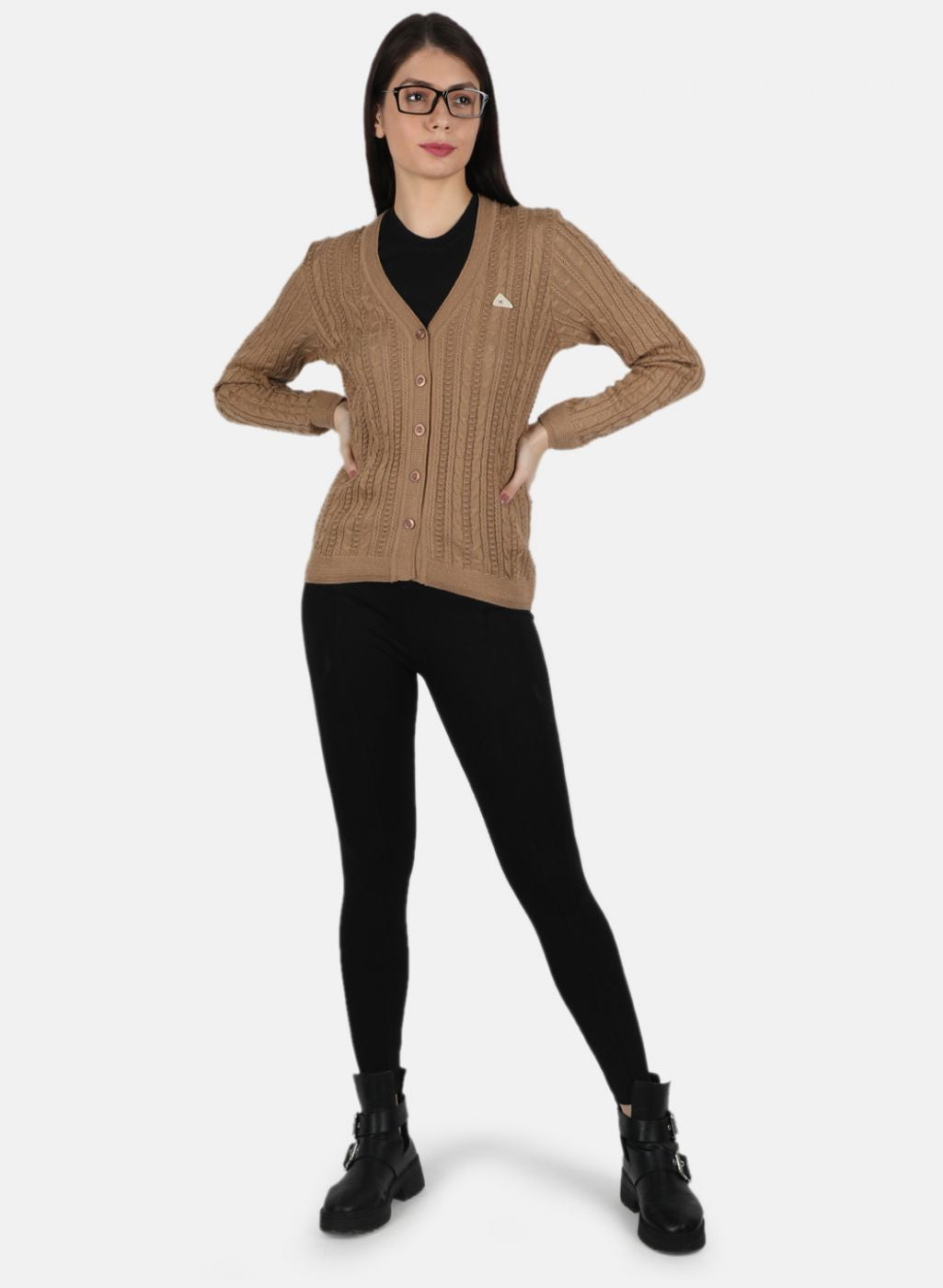 Women Beige Self Design Cardigan