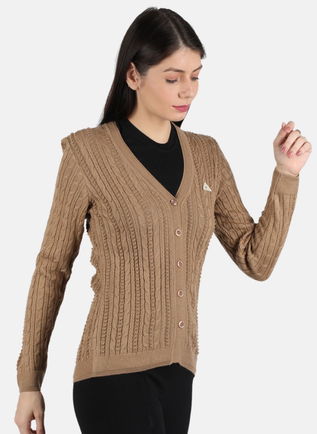 Women Beige Self Design Cardigan