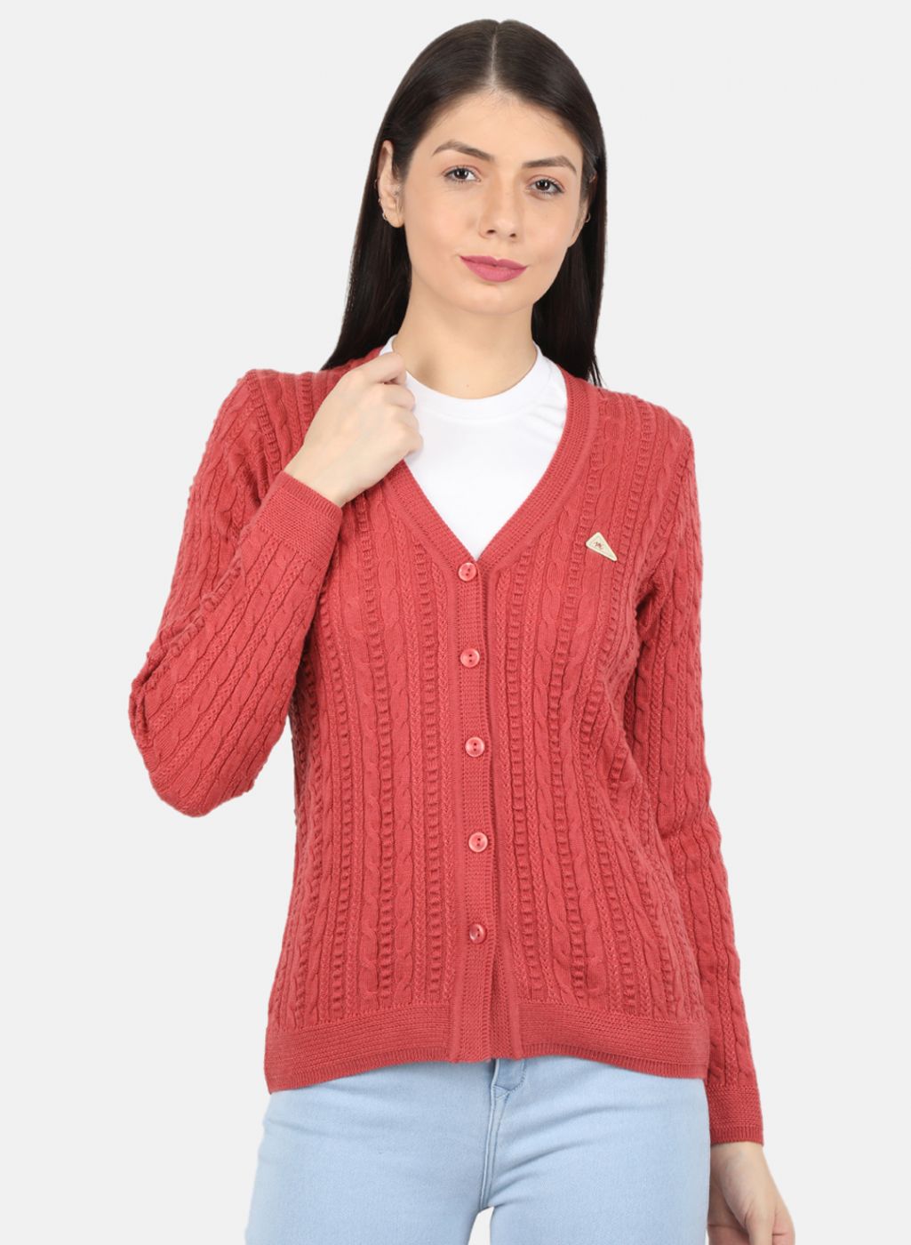 Women Red Self Design Cardigan