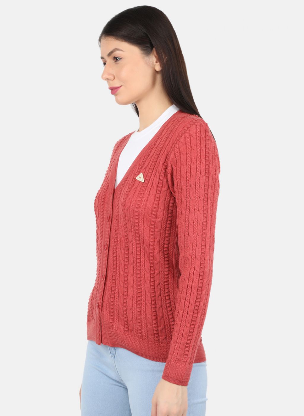 Women Red Self Design Cardigan