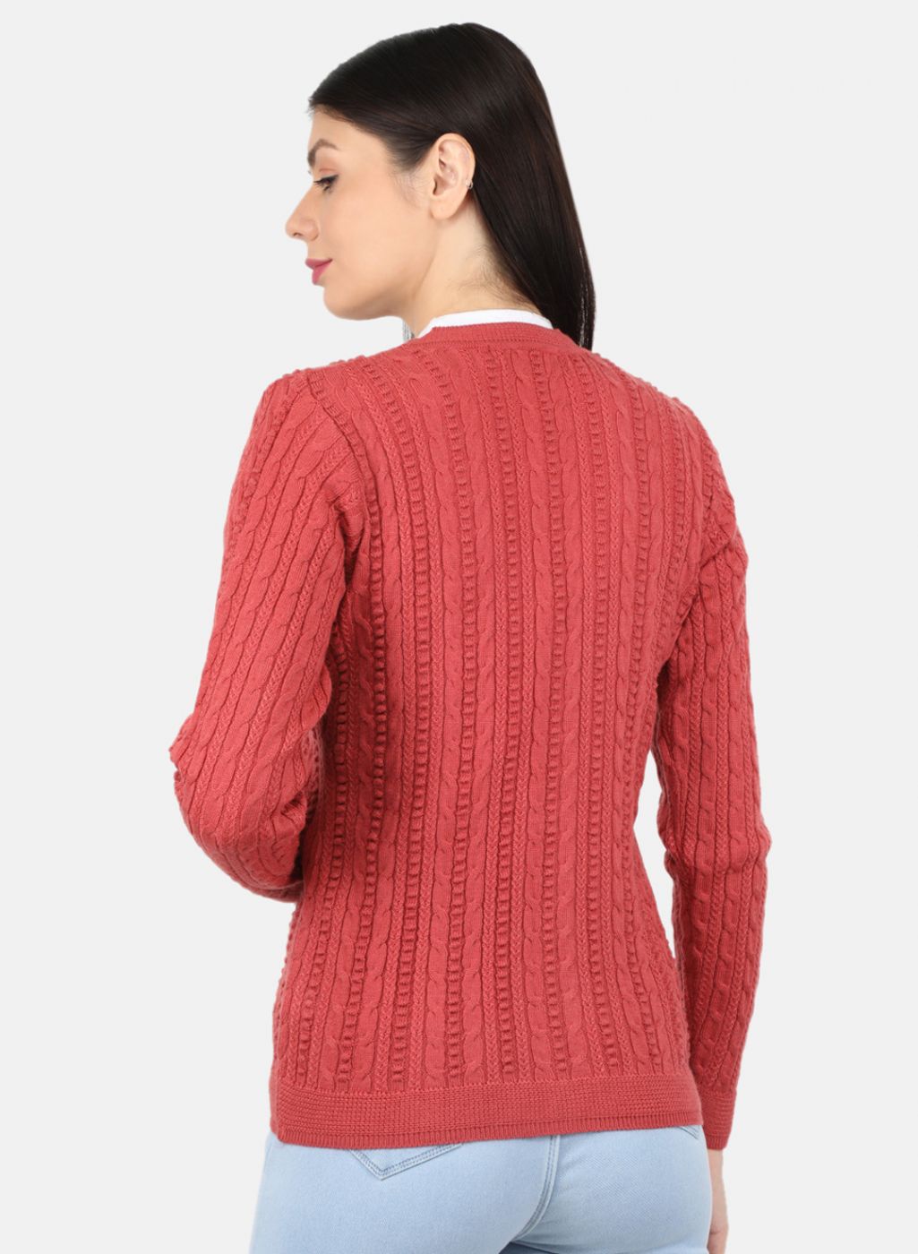 Women Red Self Design Cardigan