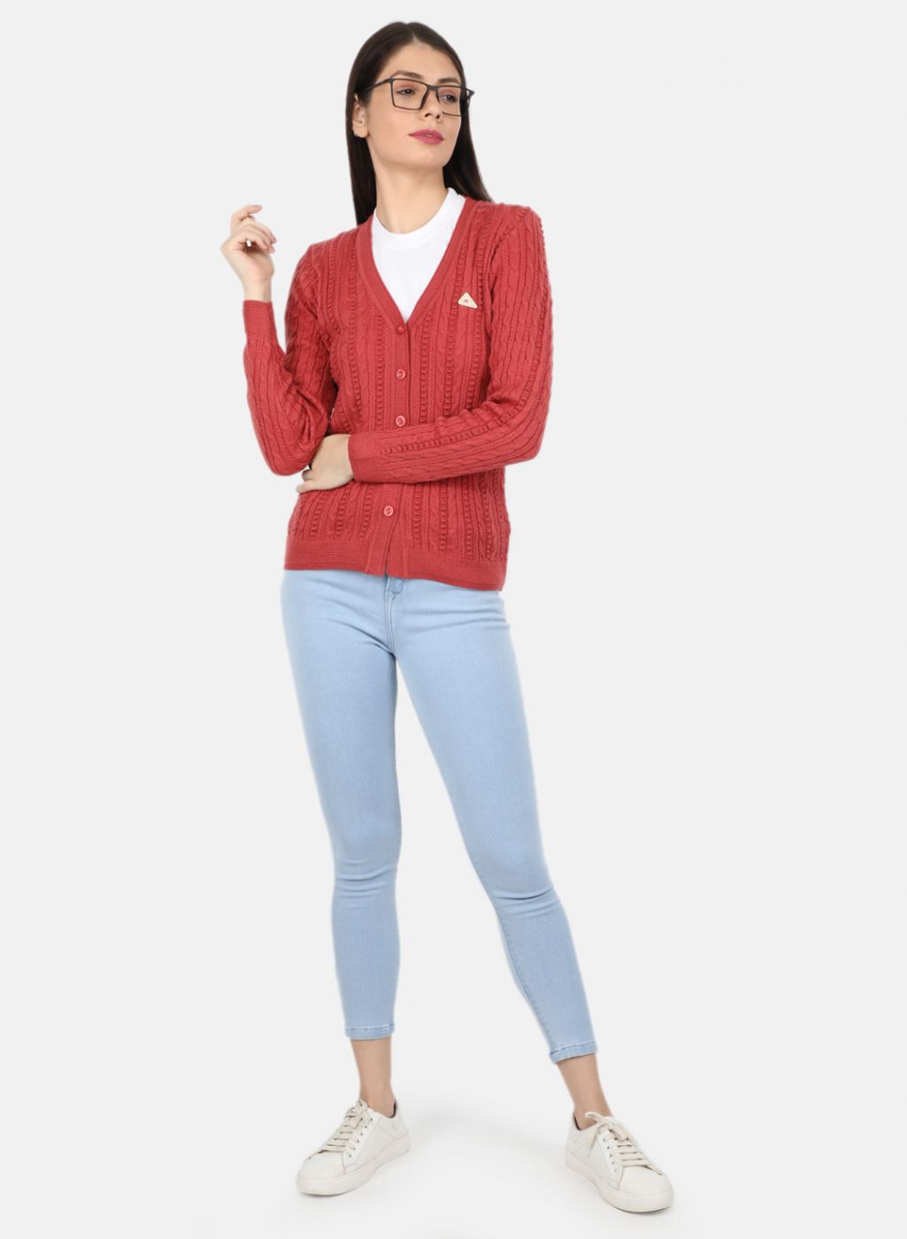 Women Red Self Design Cardigan