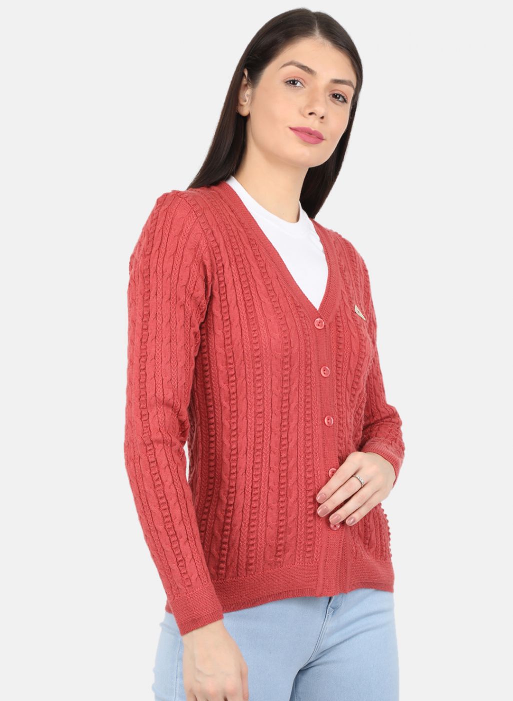 Women Red Self Design Cardigan