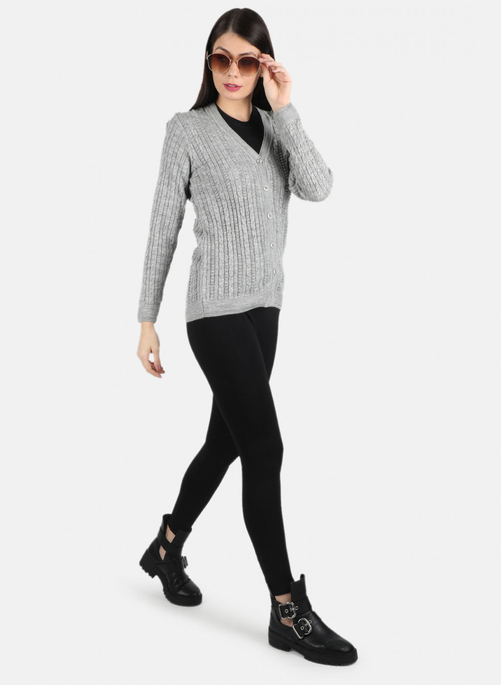 Women Grey Self Design Cardigan