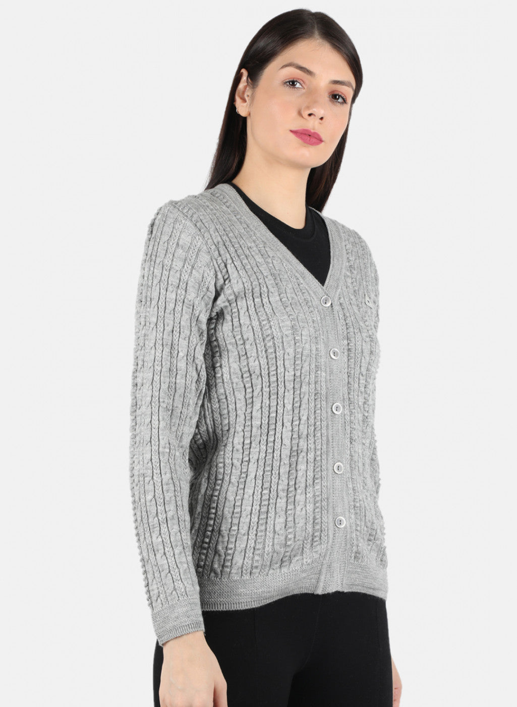 Women Grey Self Design Cardigan