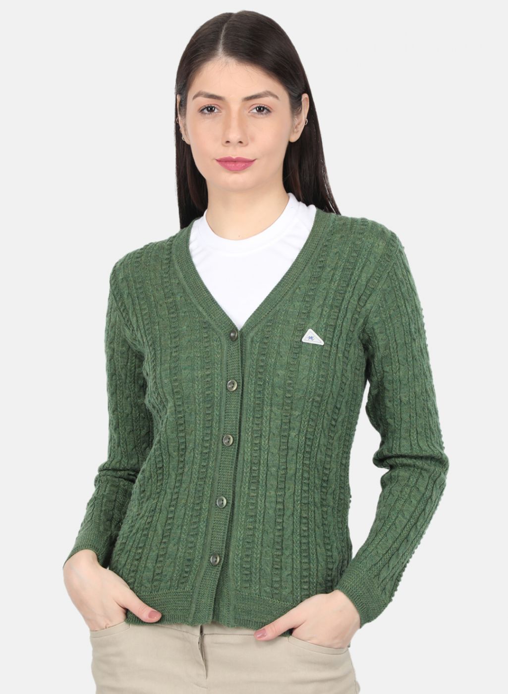 Women Olive Self Design Cardigan