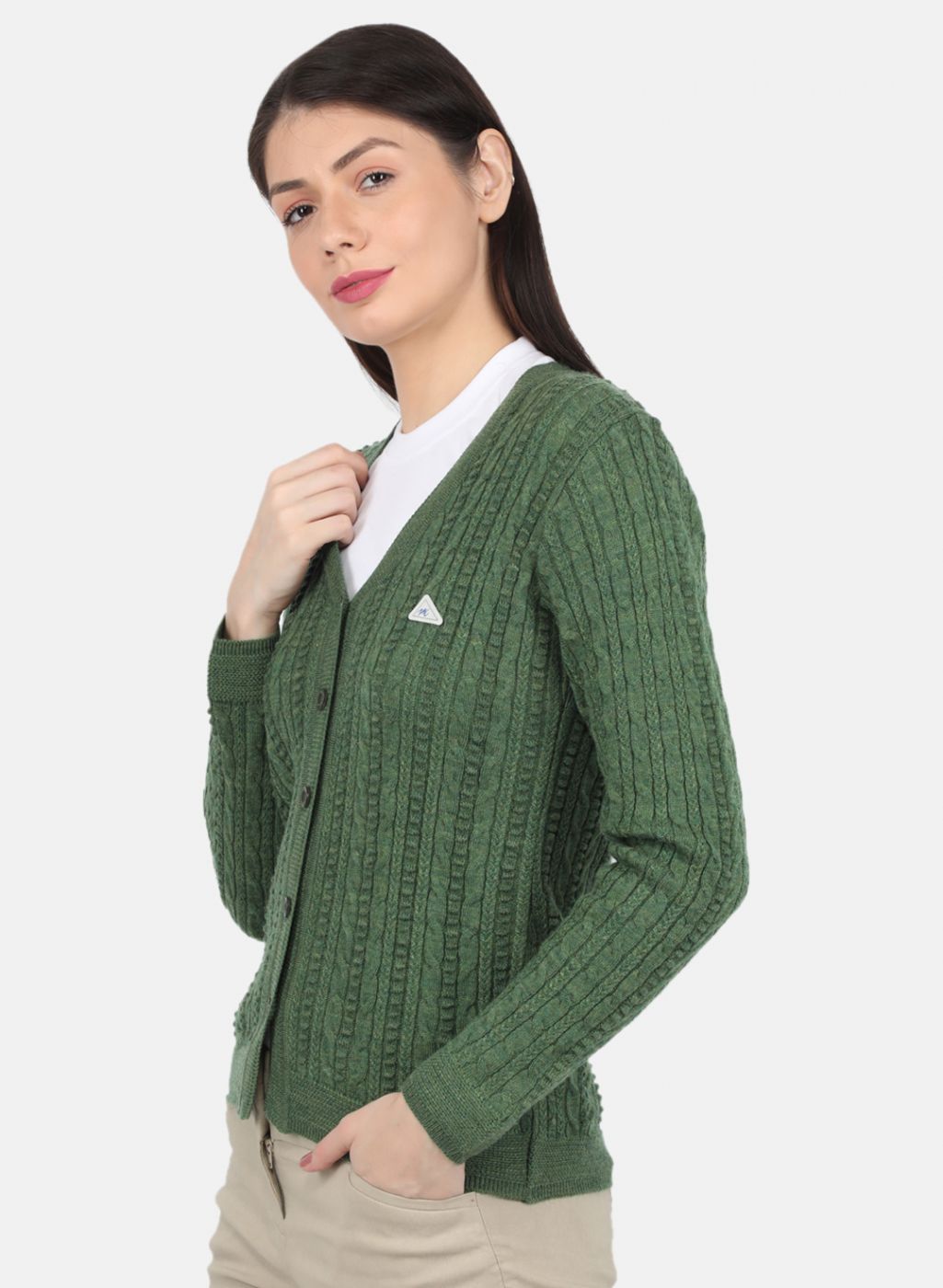 Women Olive Self Design Cardigan