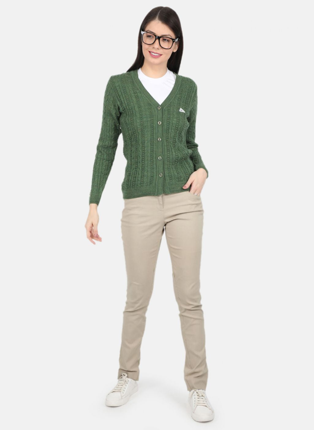 Women Olive Self Design Cardigan