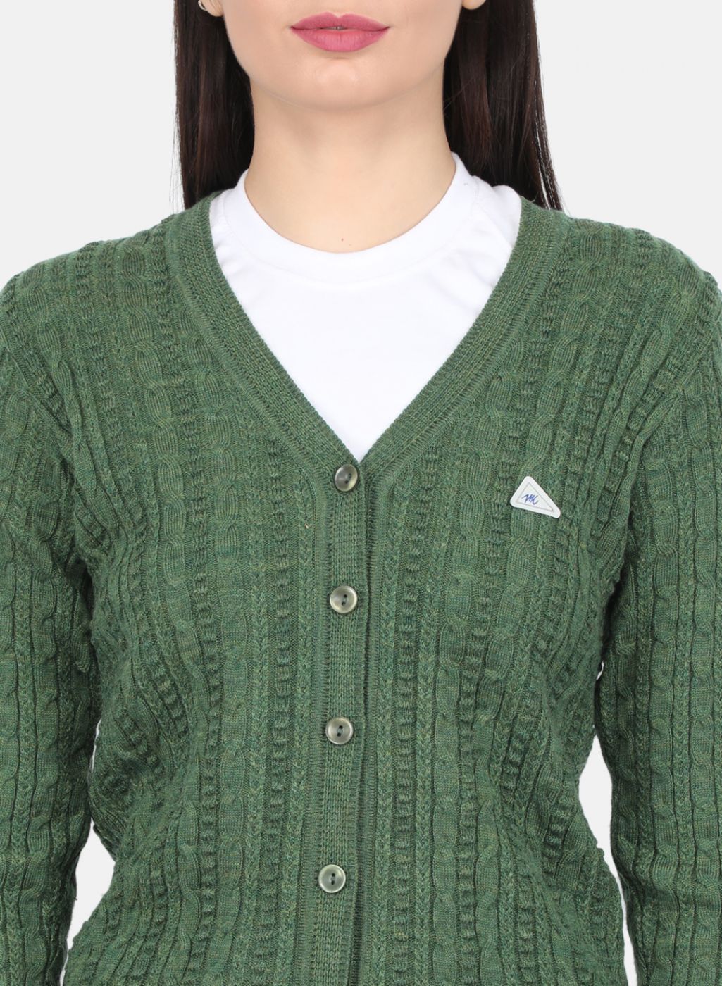 Women Olive Self Design Cardigan