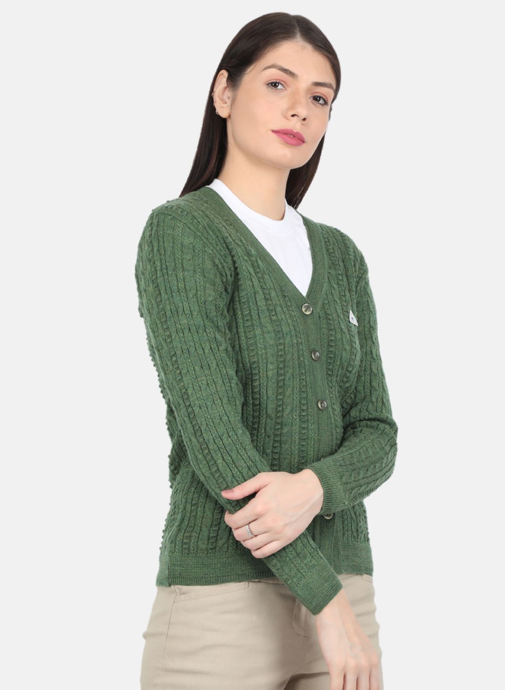 Women Olive Self Design Cardigan