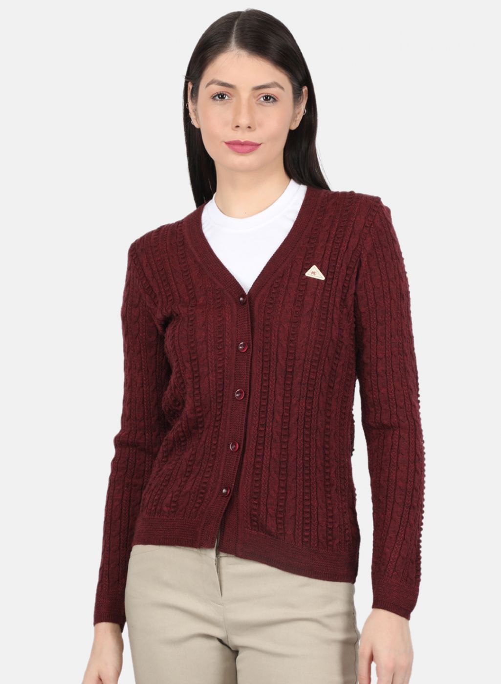 Women Maroon Self Design Cardigan