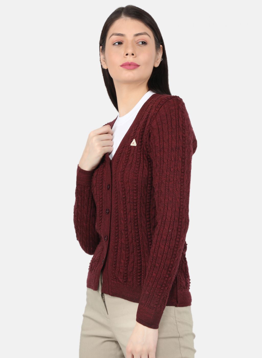 Women Maroon Self Design Cardigan