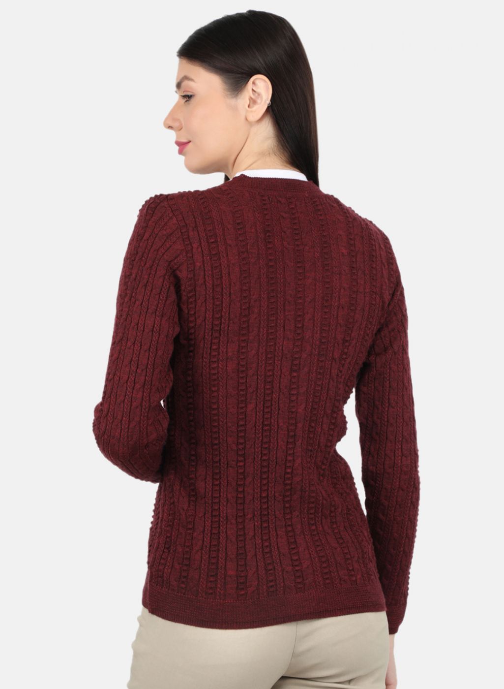 Women Maroon Self Design Cardigan