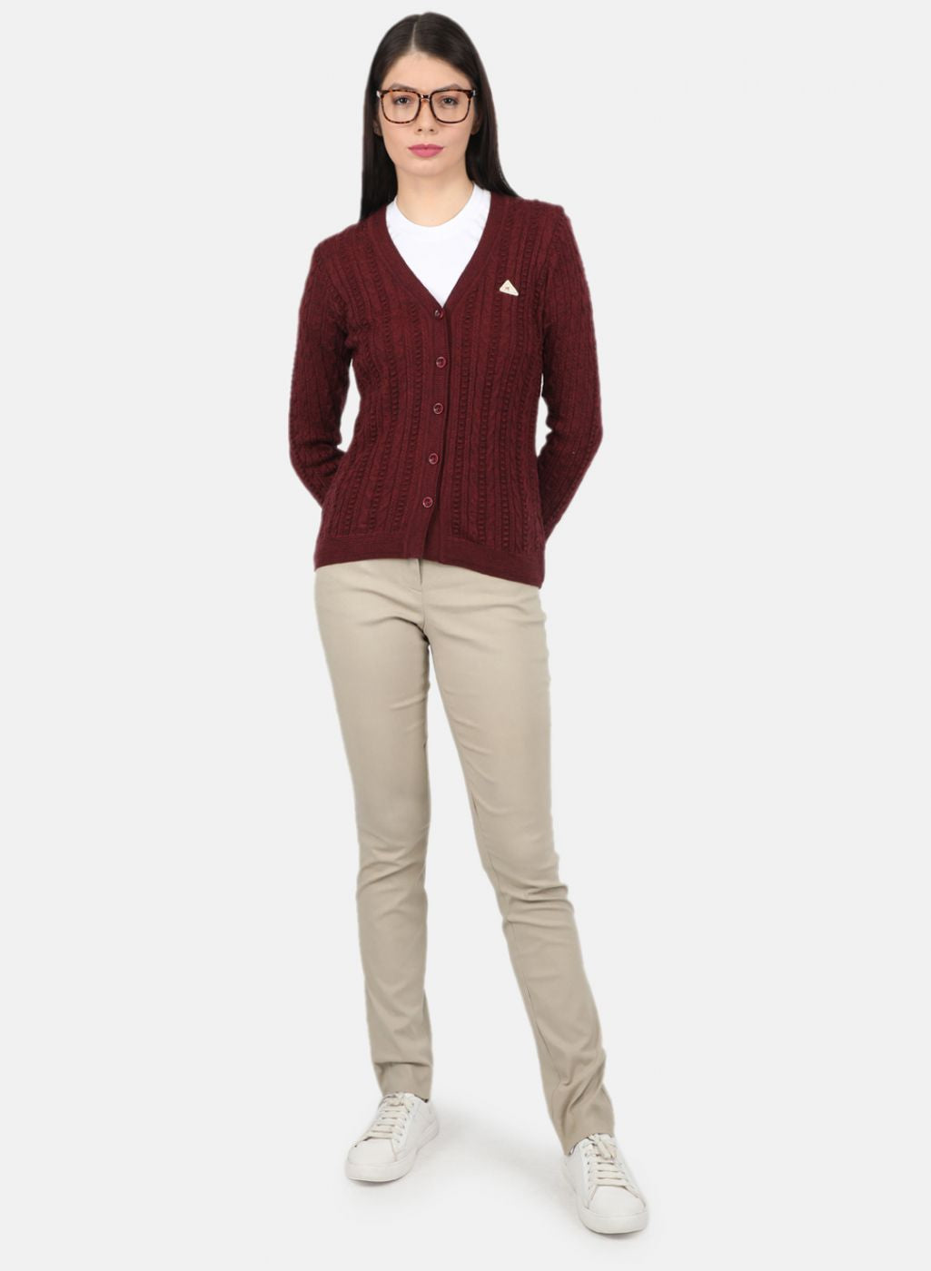 Women Maroon Self Design Cardigan