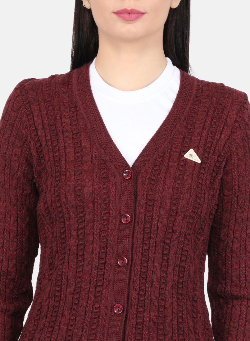 Women Maroon Self Design Cardigan