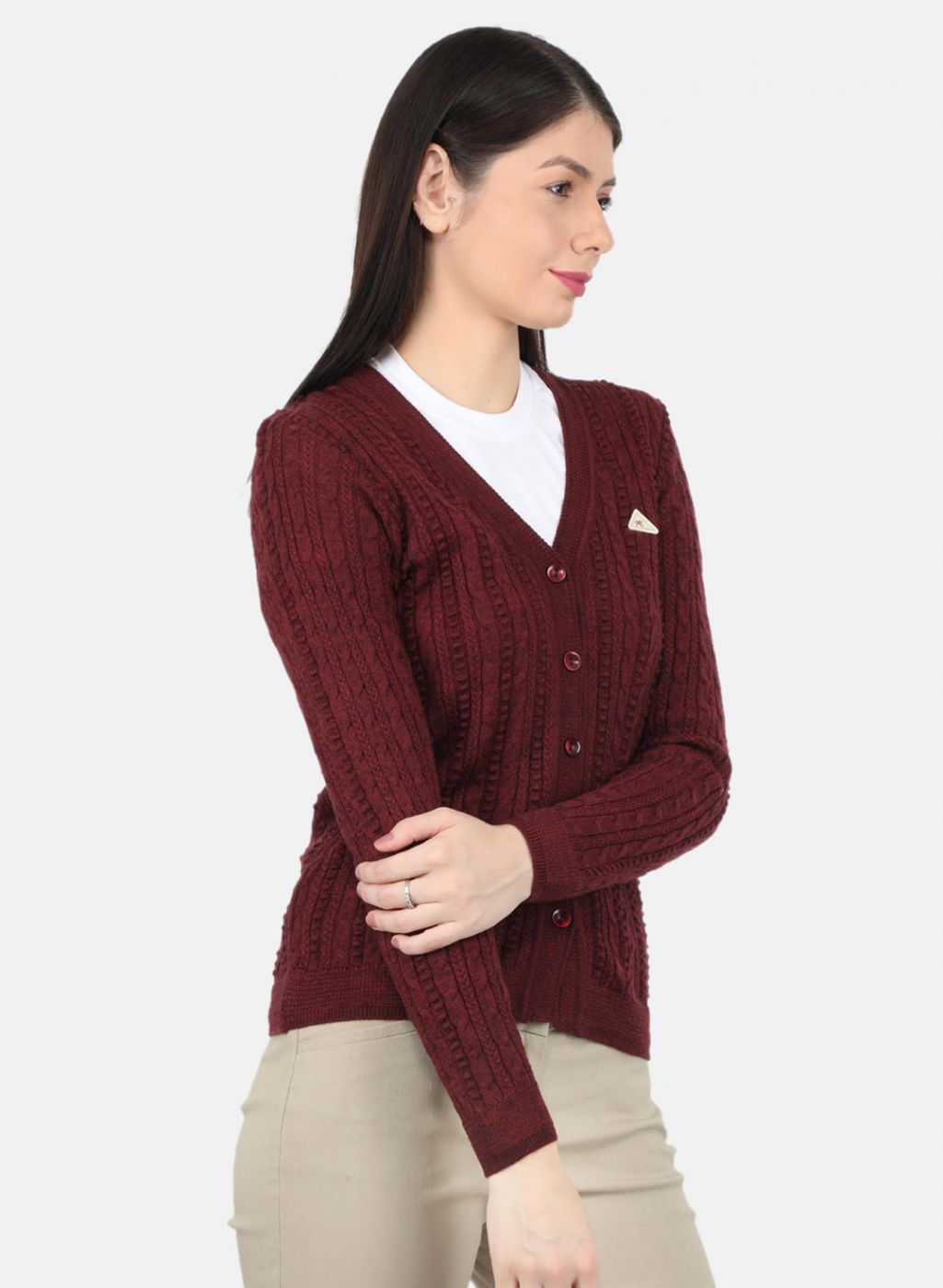 Women Maroon Self Design Cardigan