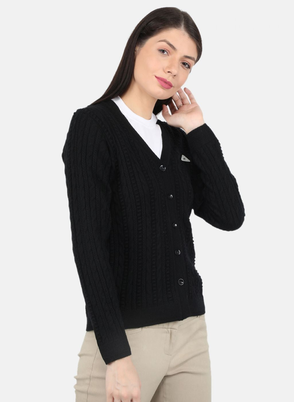 Women Black Self Design Cardigan