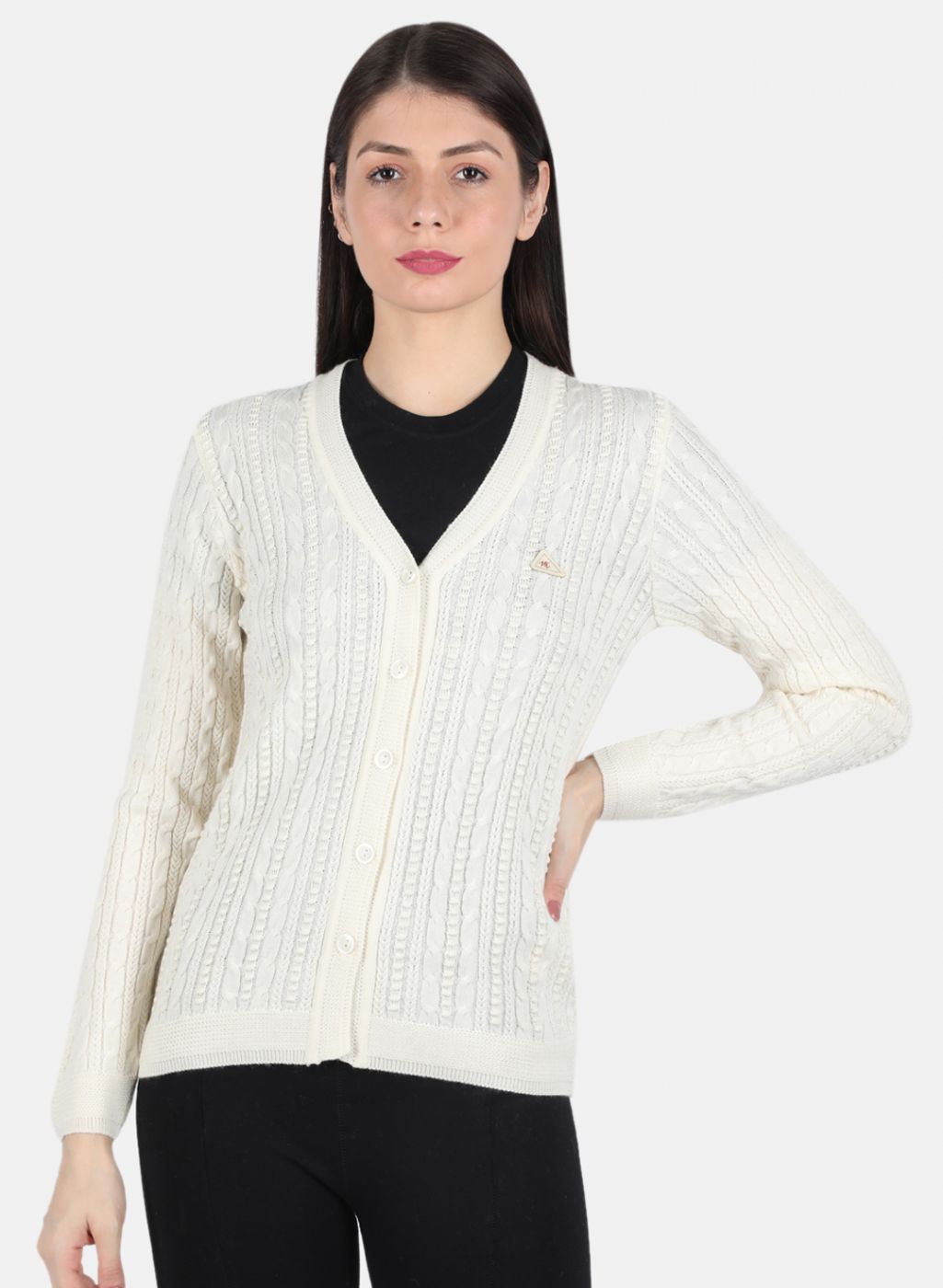 Women Off White Self Design Cardigan