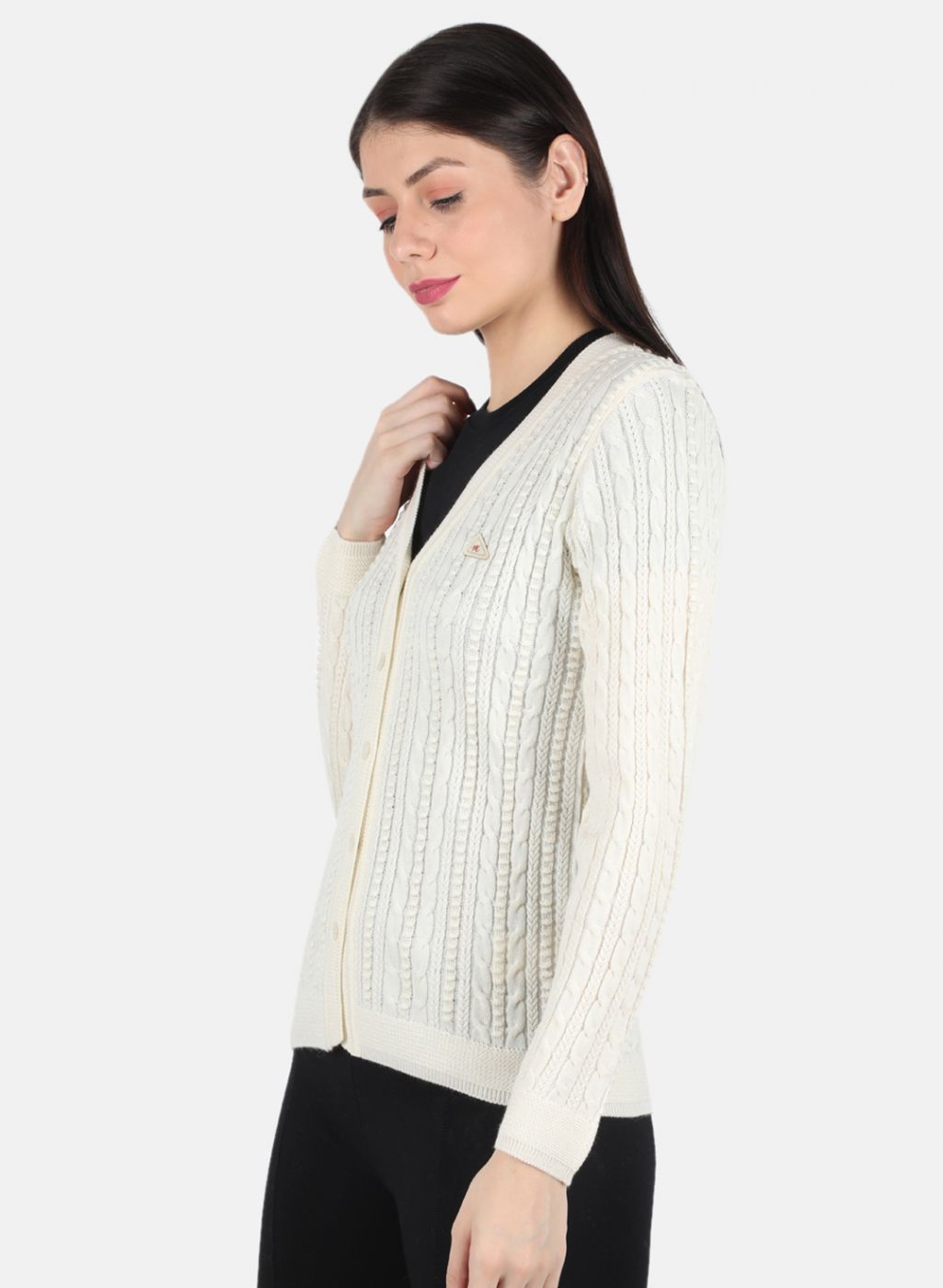 Women Off White Self Design Cardigan