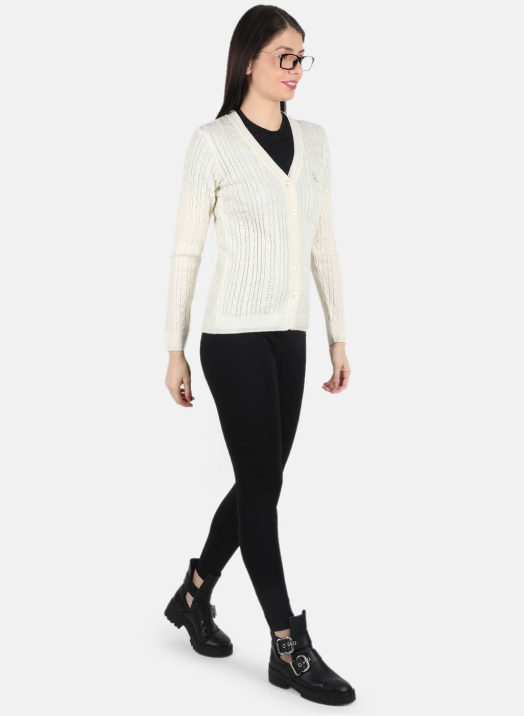 Women Off White Self Design Cardigan