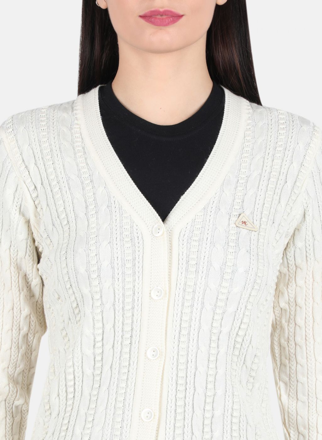 Women Off White Self Design Cardigan