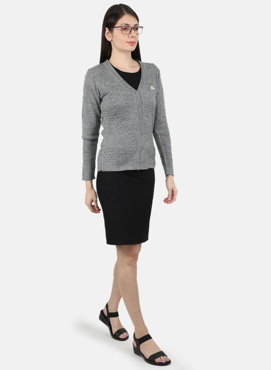 Women Grey Self Design Cardigan