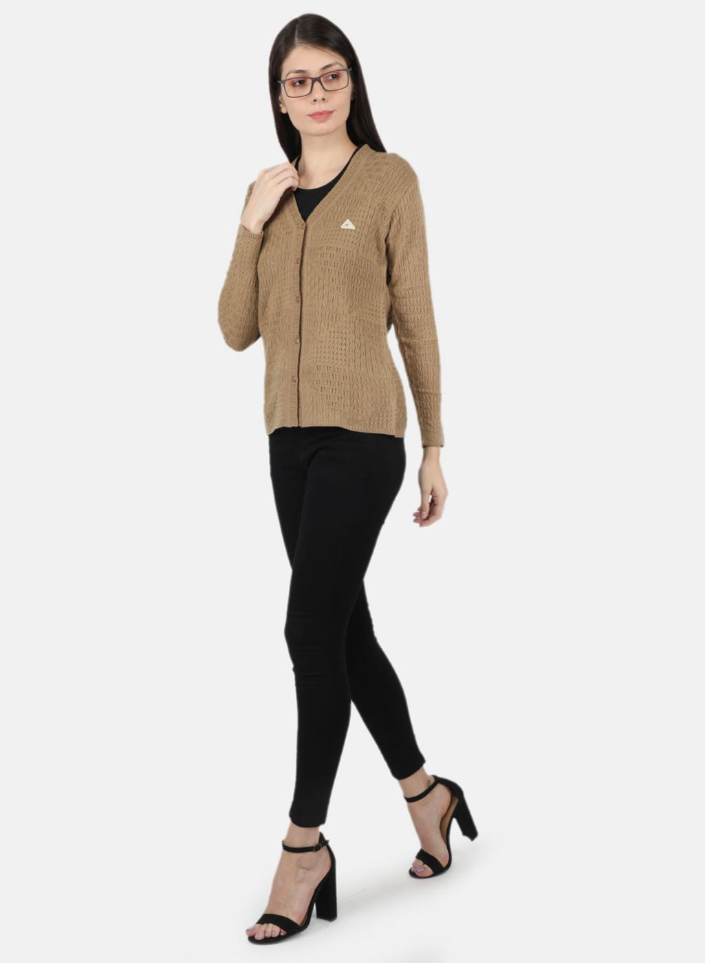 Women Brown Self Design Cardigan