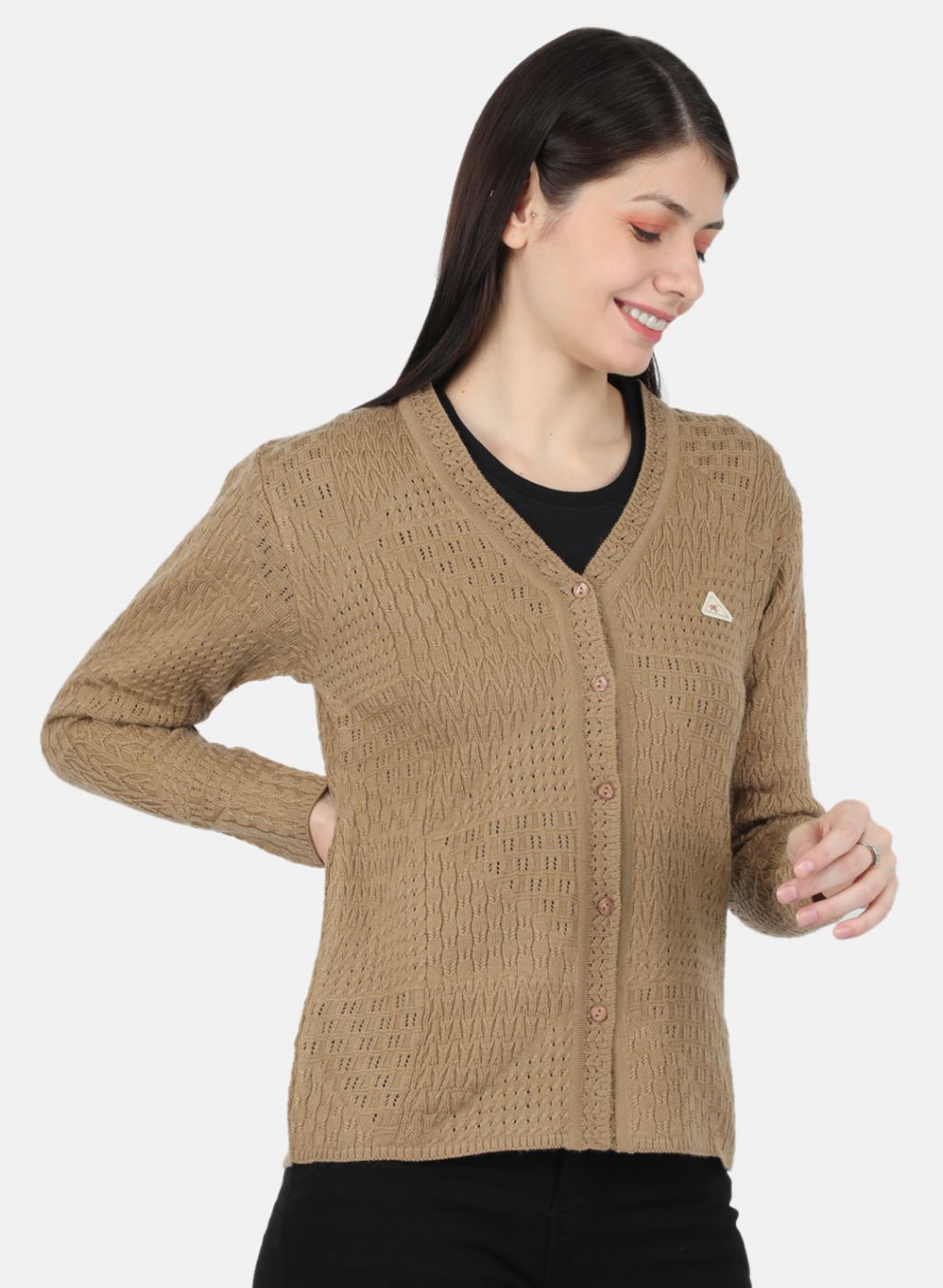 Women Brown Self Design Cardigan