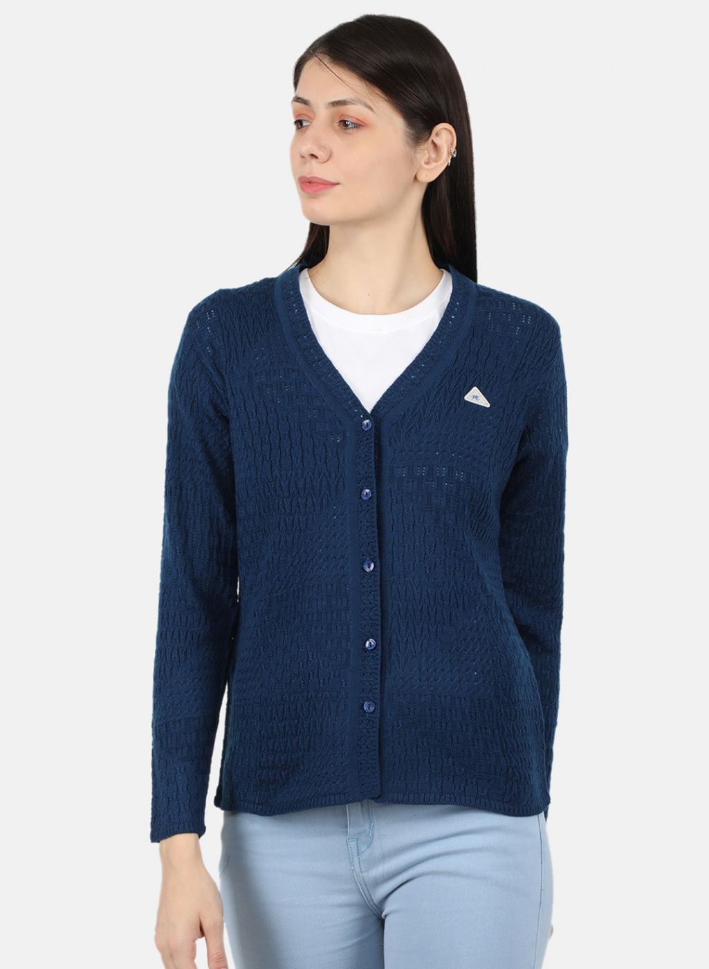 Women Blue Self Design Cardigan