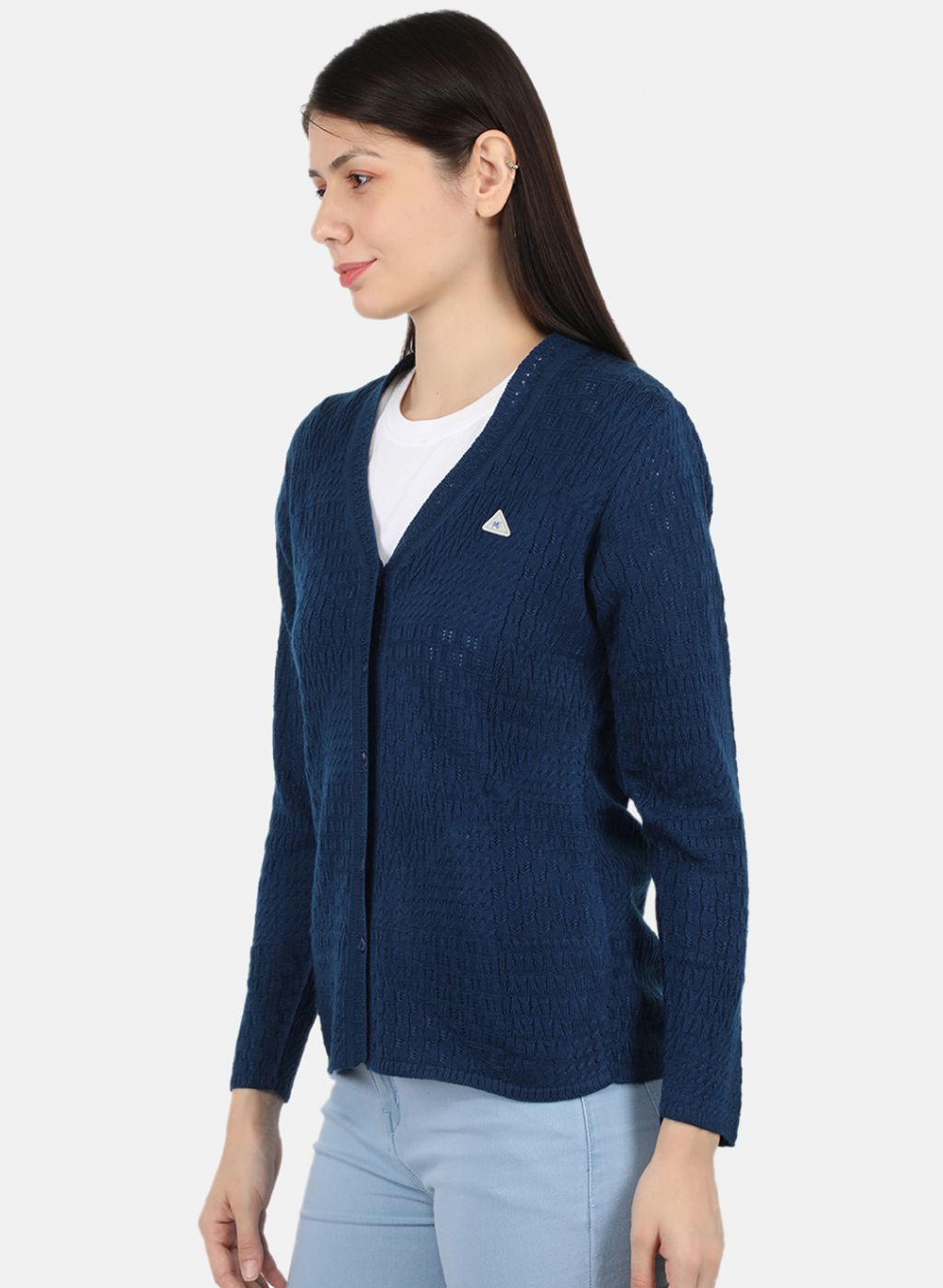 Women Blue Self Design Cardigan