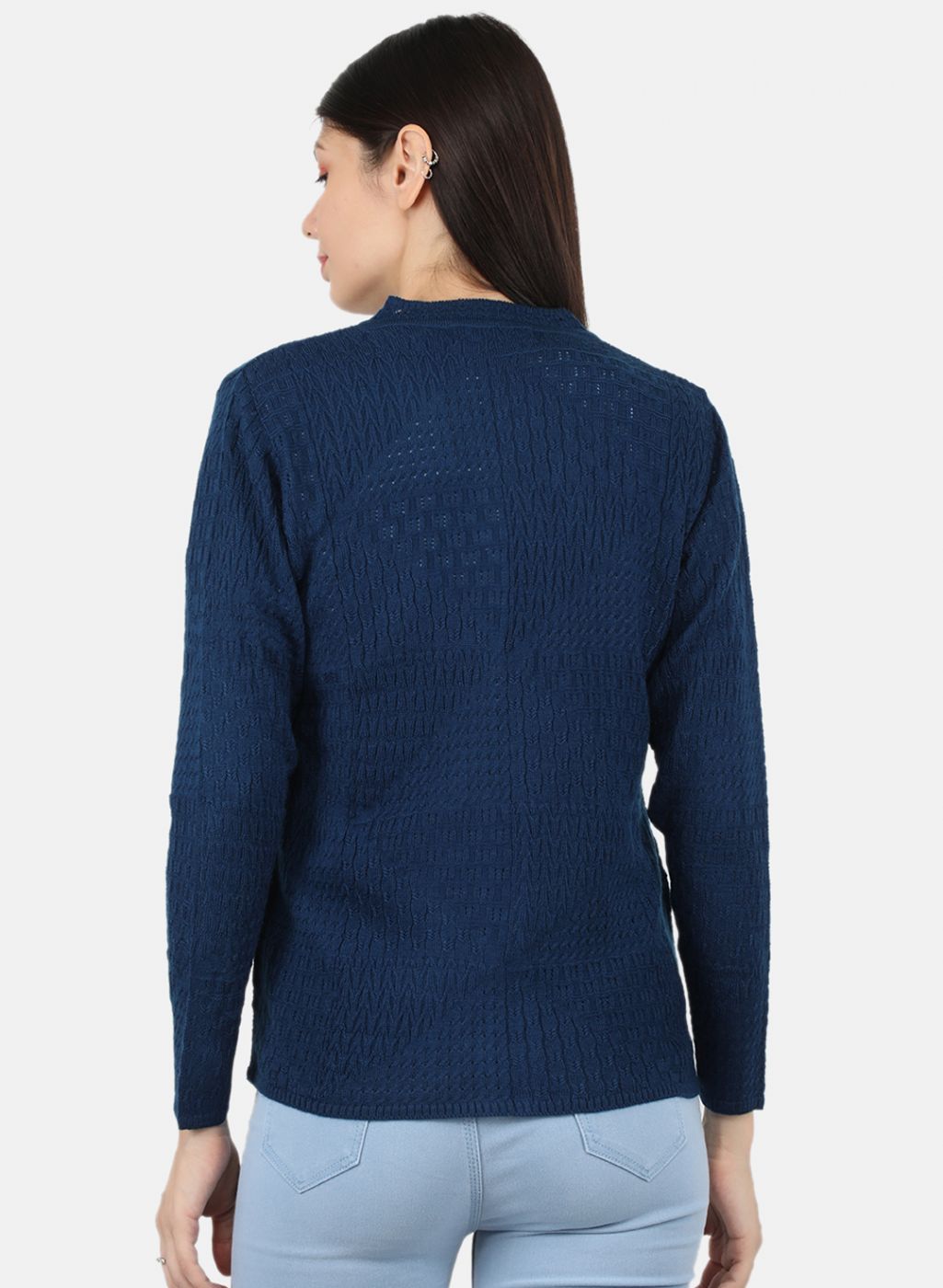 Women Blue Self Design Cardigan