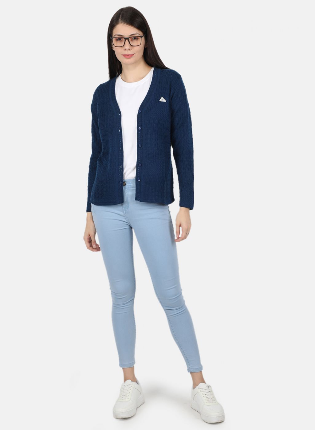 Women Blue Self Design Cardigan