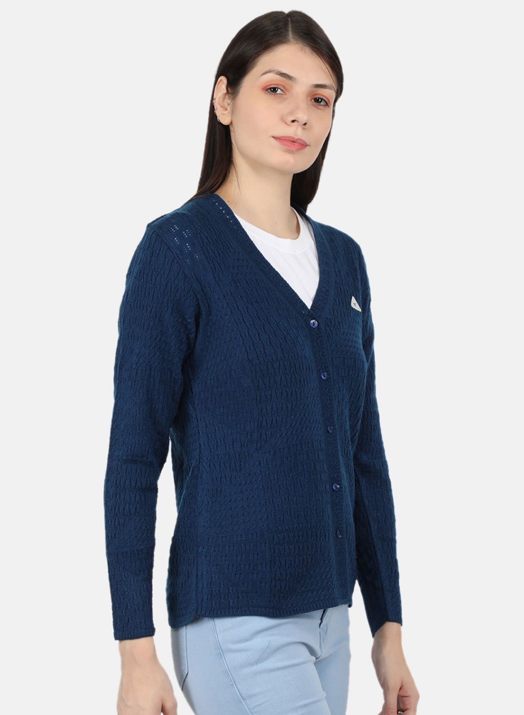 Women Blue Self Design Cardigan