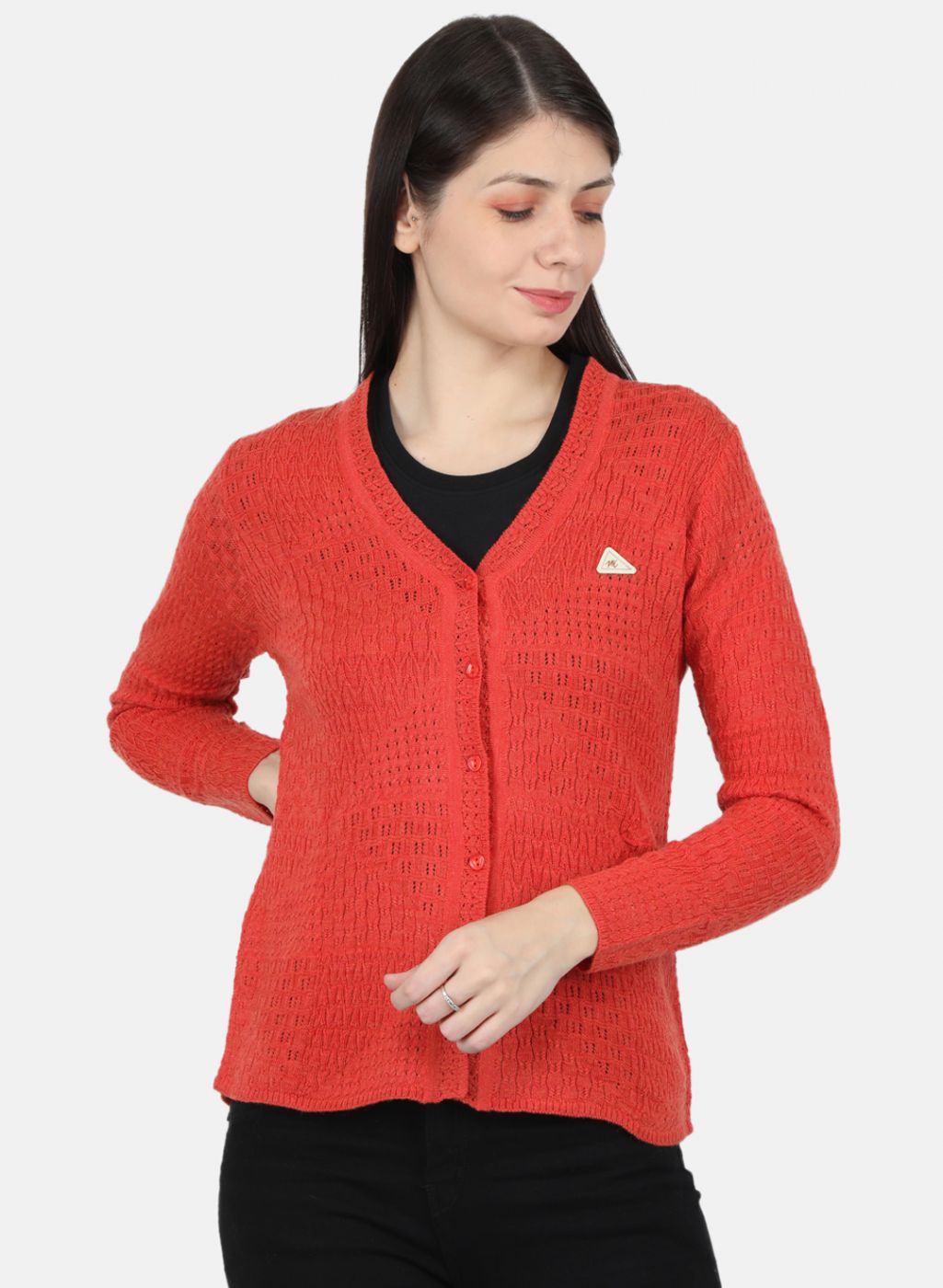 Women Orange Self Design Cardigan