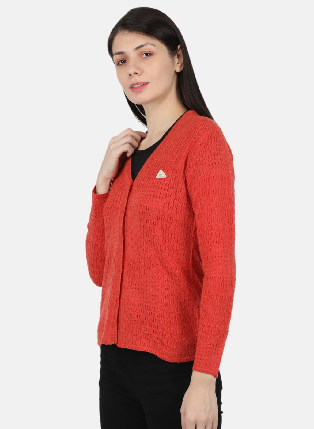 Women Orange Self Design Cardigan