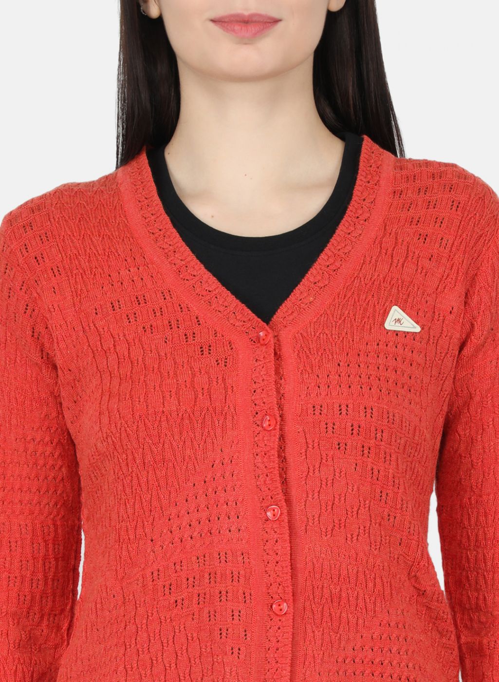 Women Orange Self Design Cardigan