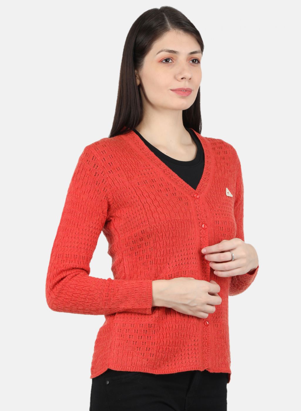 Women Orange Self Design Cardigan